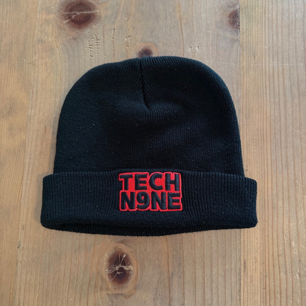 Tech N9ne Strange Music Beanie Black Red Embroidered Logo Knit Cuff Hat Mens OS